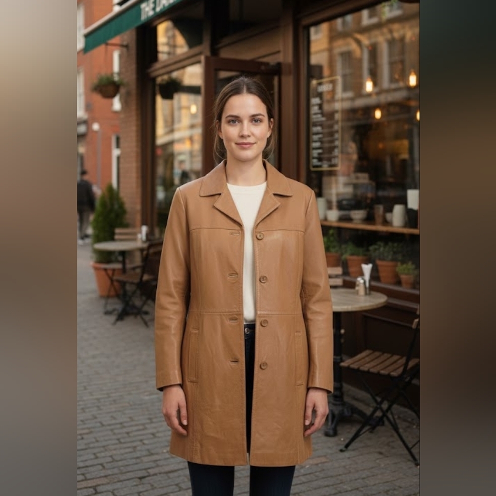 Wilsons Leather Long Jacket Button Up Extra Large Camel Brown Buttery‎ Soft